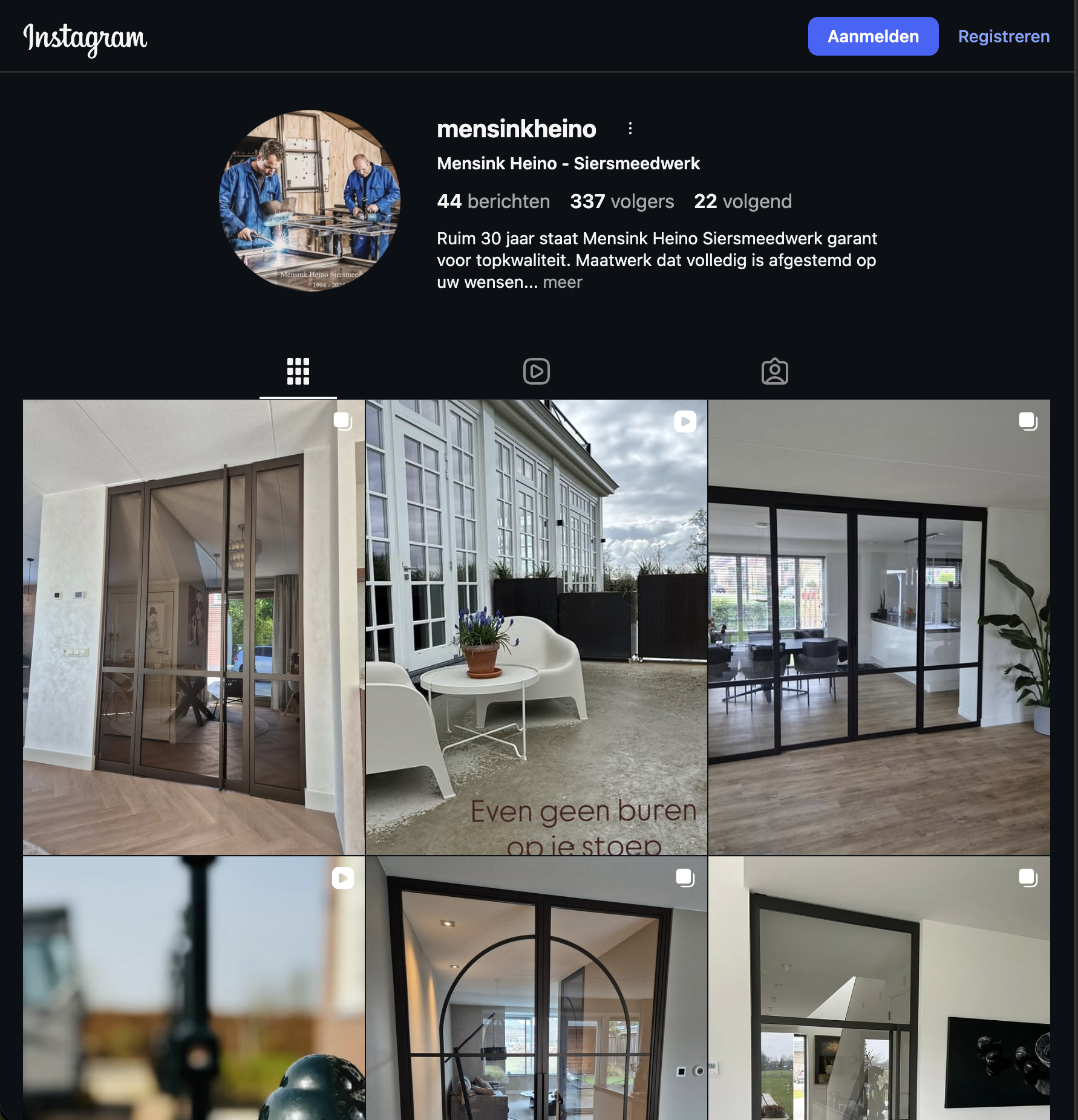 Screenshot van het Instagram-profiel van Mensink Heino met recente projecten